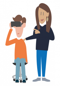 patientbehandelaar VR illustratie client met VR-bril op en een behandelaar die meekijkt